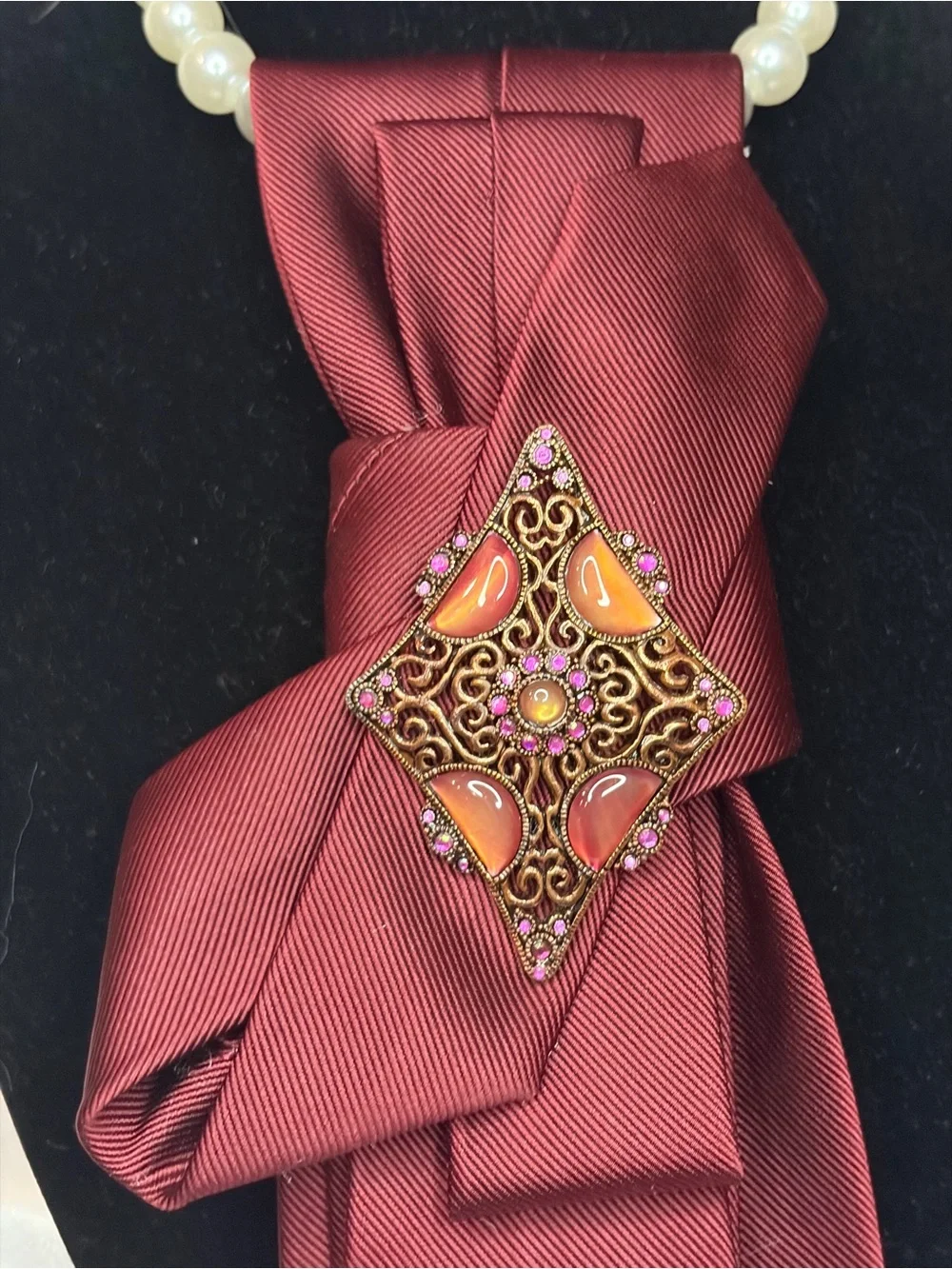 Jos. A. Bank Burgundy Decorative Necklace Tie with Ornate Brooch